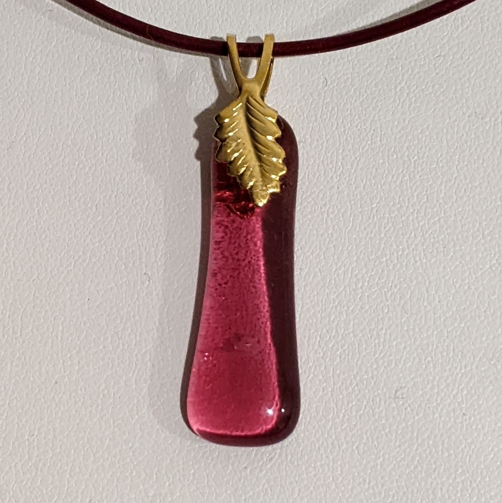 Artisan Handmade Fused glass pink drop pendant necklace on rose leather chain.